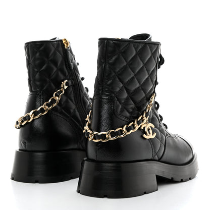 Chanel Shiny Calfskin Patent Quilted Chain Lace Up Combat Boots 36 Black 4 of 8