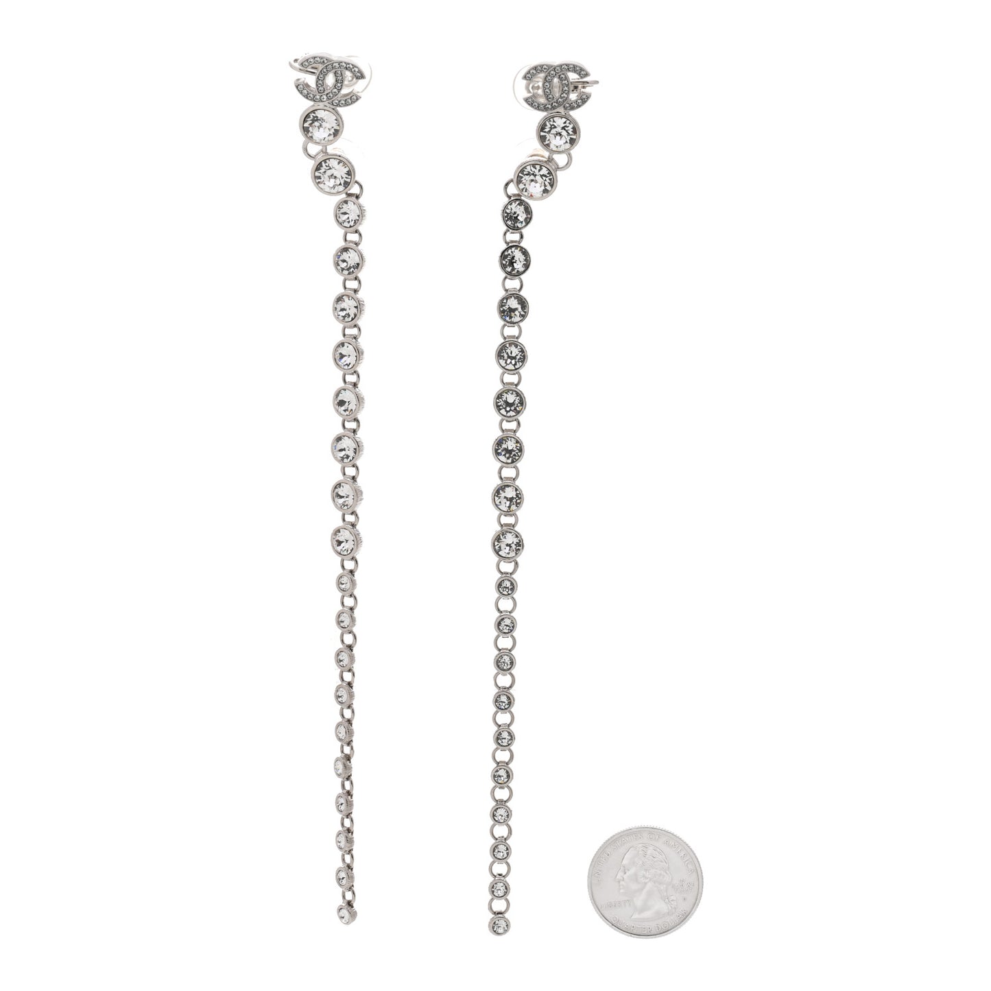 Metal Crystal CC Long Drop Earrings Silver