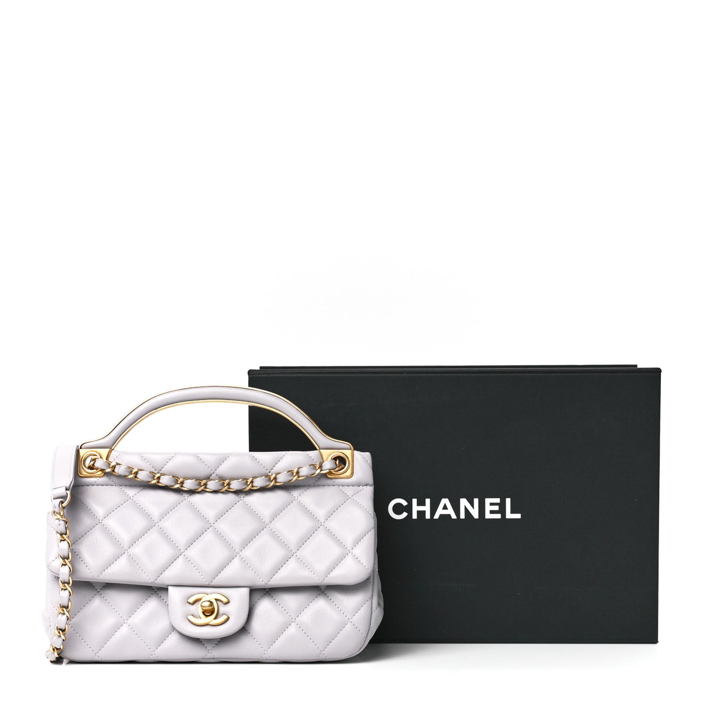 Calfskin Quilted Small Lady Handle Clutch With Chain Grey