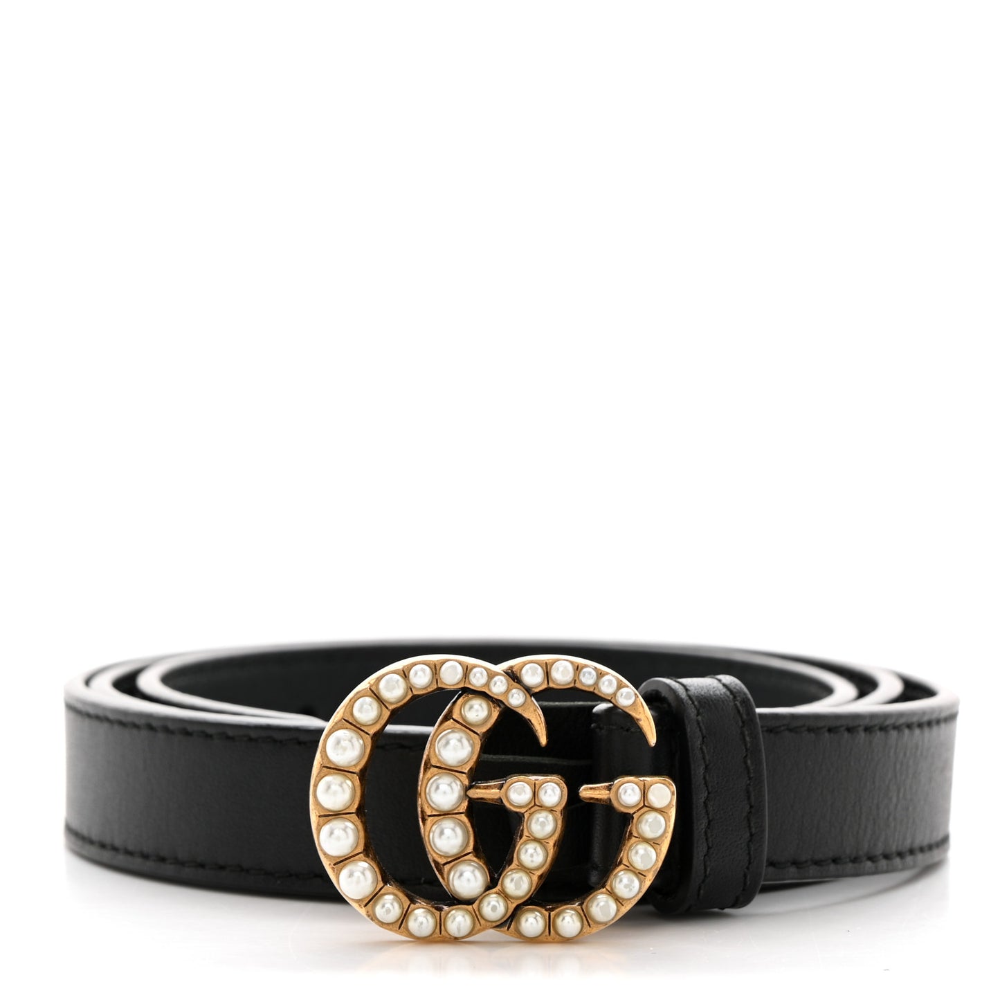 Moon Calfskin Pearl Double G 20mm Belt 80 32 Black Cream