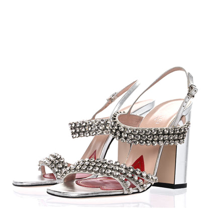 Gucci Nappa Silk Crystal Bertie High Heel Sandals 36.5 Argento 3 of 15