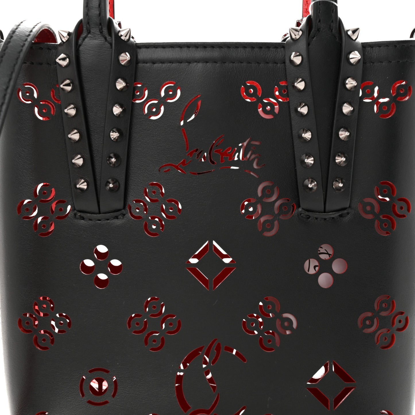Calfskin Loubinthesky Perforated Spikes Mini North South Cabata Tote Black