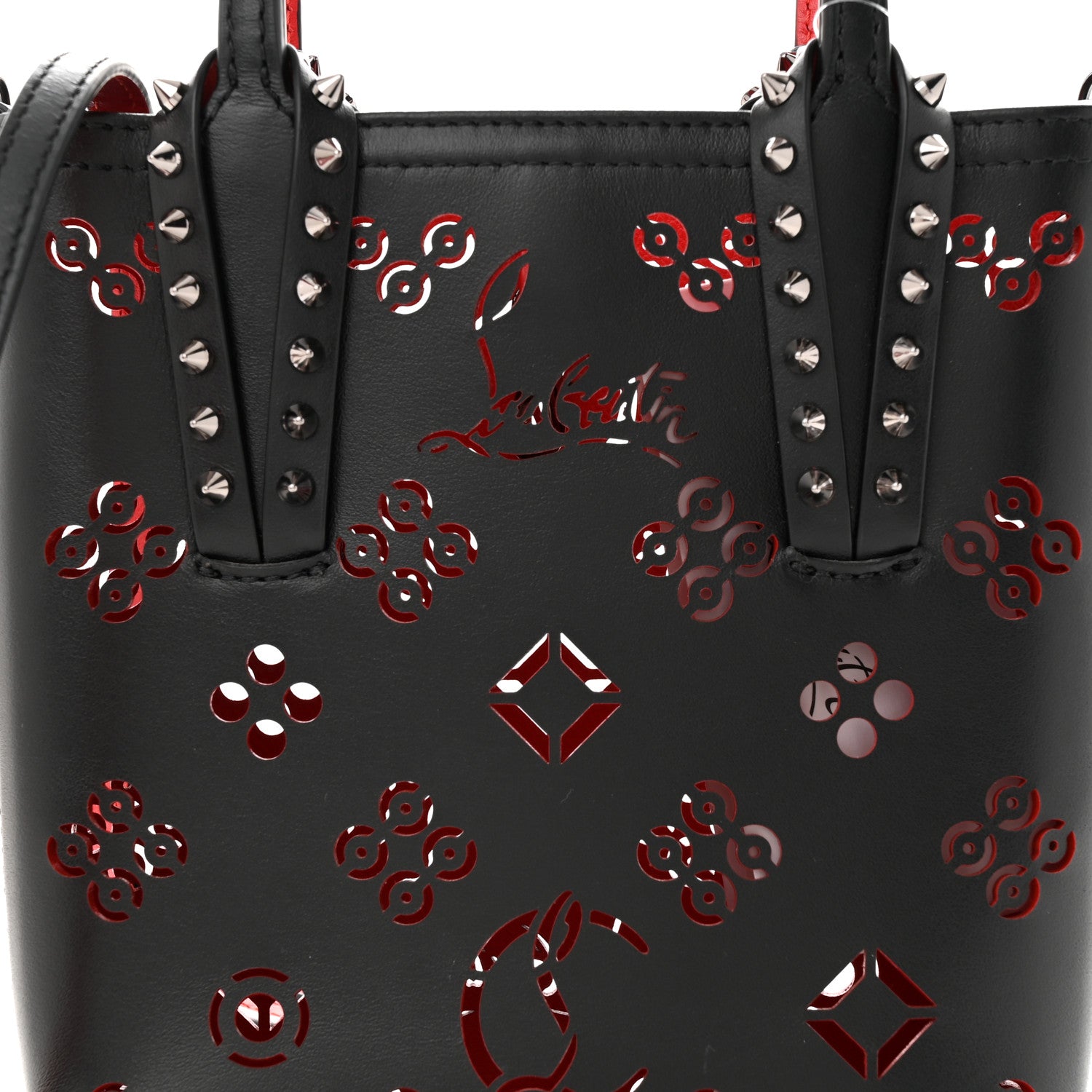 Christian Louboutin Calfskin Loubinthesky Perforated Spikes Mini North South Cabata Tote Black 8 of 11