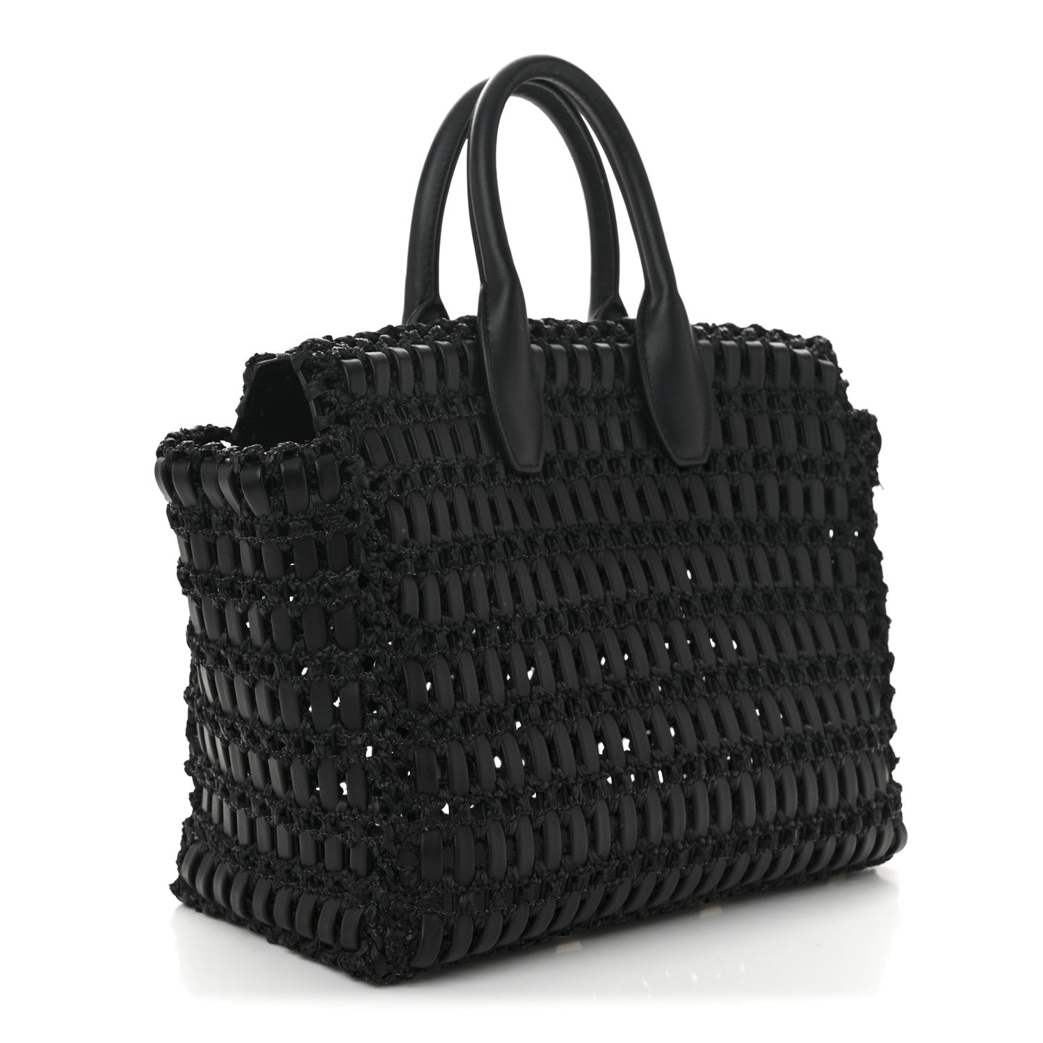 Salvatore Ferragamo Raffia Calfskin The Studio Box Tote Black