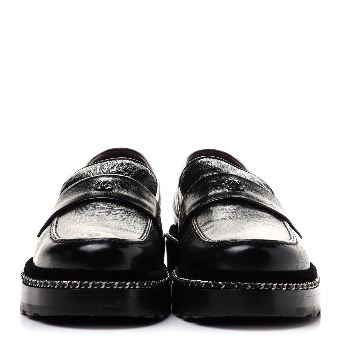 Crinkled Calfskin Velvet CC Chain Mocassin Loafers 38 Black