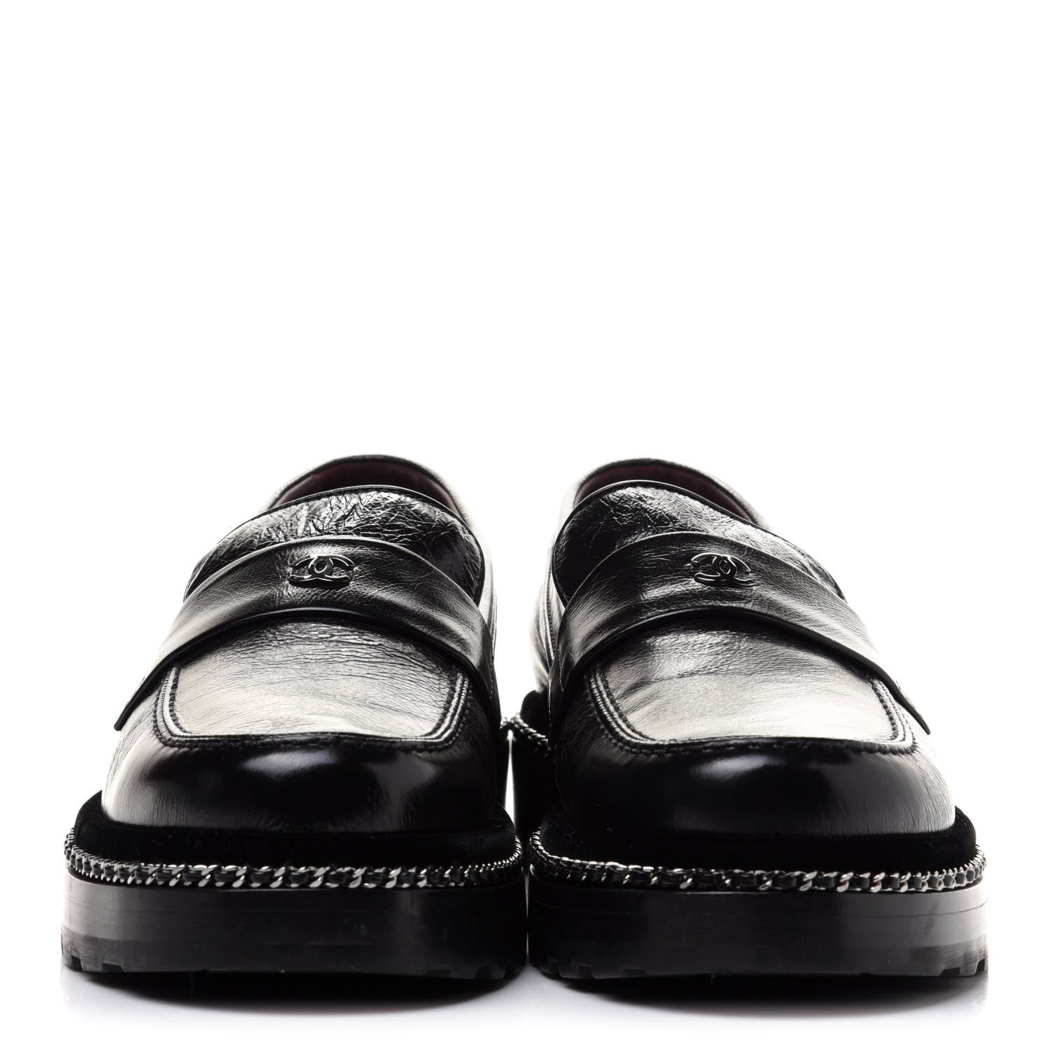 Chanel Crinkled Calfskin Velvet CC Chain Mocassin Loafers 38 Black 2 of 10