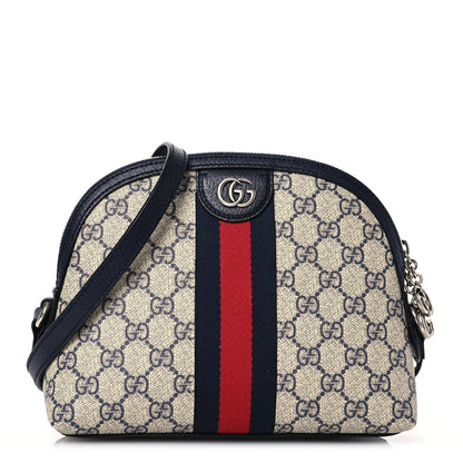 Gucci GG Supreme Monogram Textured Dollar Calfskin Web Small Ophidia Dome Shoulder Bag Beige Blue 1 of 14
