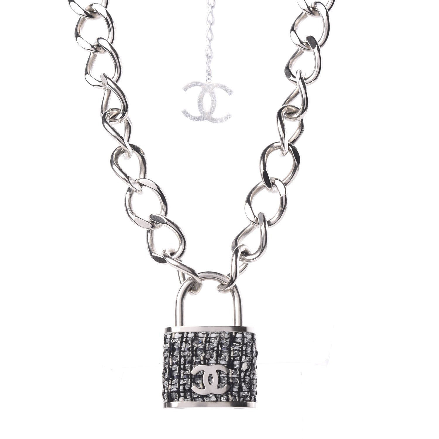 Chanel Tweed CC Oversized Padlock Chain Necklace Black Silver 1 of 5