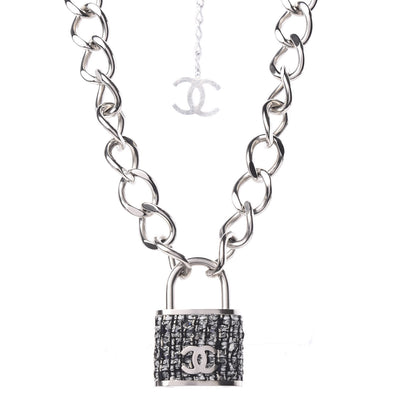 Chanel Tweed CC Oversized Padlock Chain Necklace Black Silver 1 of 5