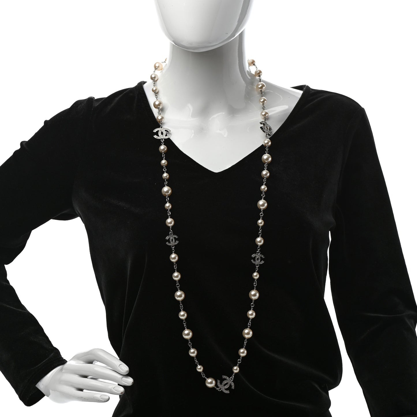 Crystal Pearl CC Long Necklace Silver