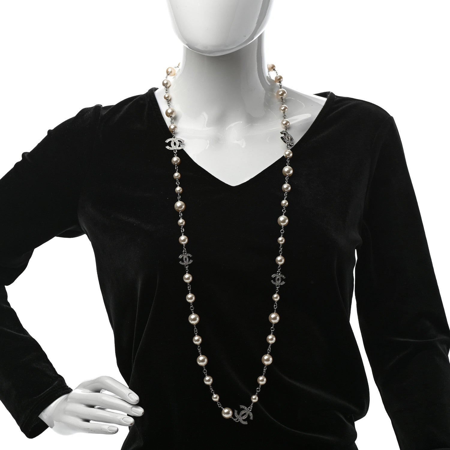 Chanel Crystal Pearl CC Long Necklace Silver 2 of 5
