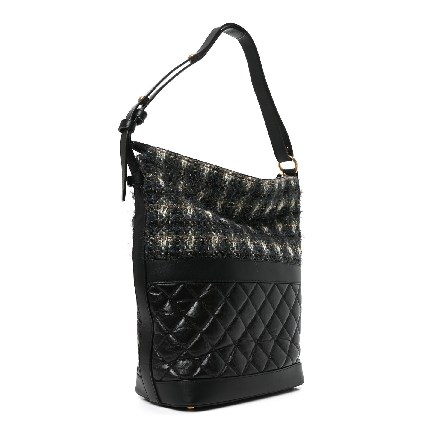 Tweed Aged Calfskin Quilted Casual Style Hobo Black