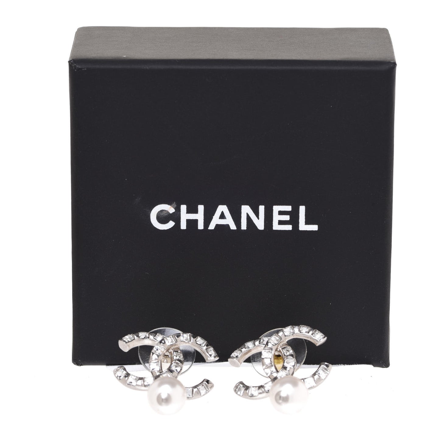 Baguette Crystal Pearl CC Drop Earrings Silver