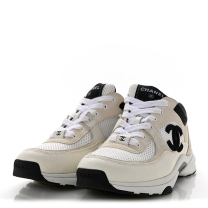 Chanel Mesh Suede Calfskin Grained Calfskin Womens CC Sneakers 38.5 White Black 4 of 10