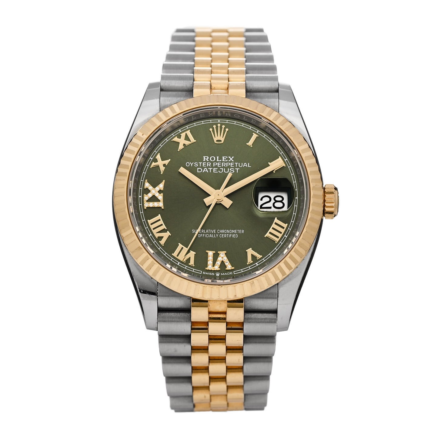 Stainless Steel 18K Yellow Gold Diamond 36mm Oyster Perpetual Datejust Watch Olive Green Roman 126233
