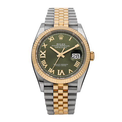 Rolex Stainless Steel 18K Yellow Gold Diamond 36mm Oyster Perpetual Datejust Watch Olive Green Roman 126233 1 of 5
