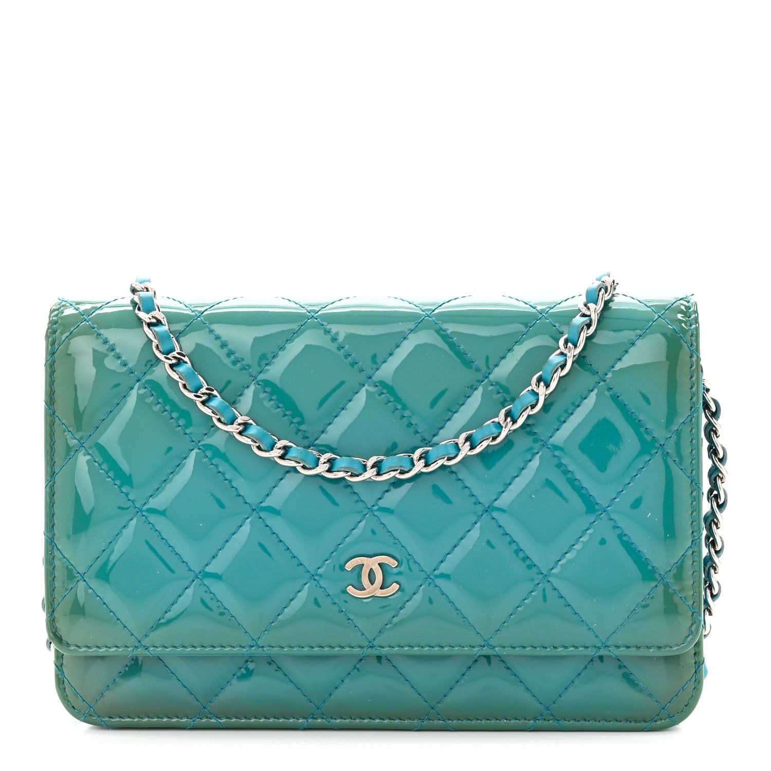 Chanel Patent Quilted Wallet On Chain WOC Turquoise Blue 1 of 13