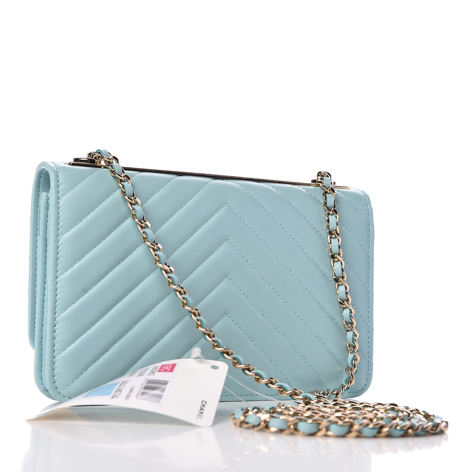 Chanel Lambskin Chevron Quilted Trendy CC Wallet On Chain WOC Light Blue 3 of 11