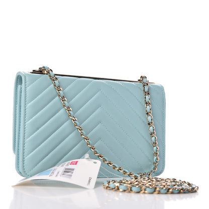 Chanel Lambskin Chevron Quilted Trendy CC Wallet On Chain WOC Light Blue 3 of 11
