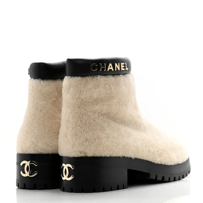 Chanel Shearling Lambskin Logo Ankle Boots 37 Ivory Black 4 of 9