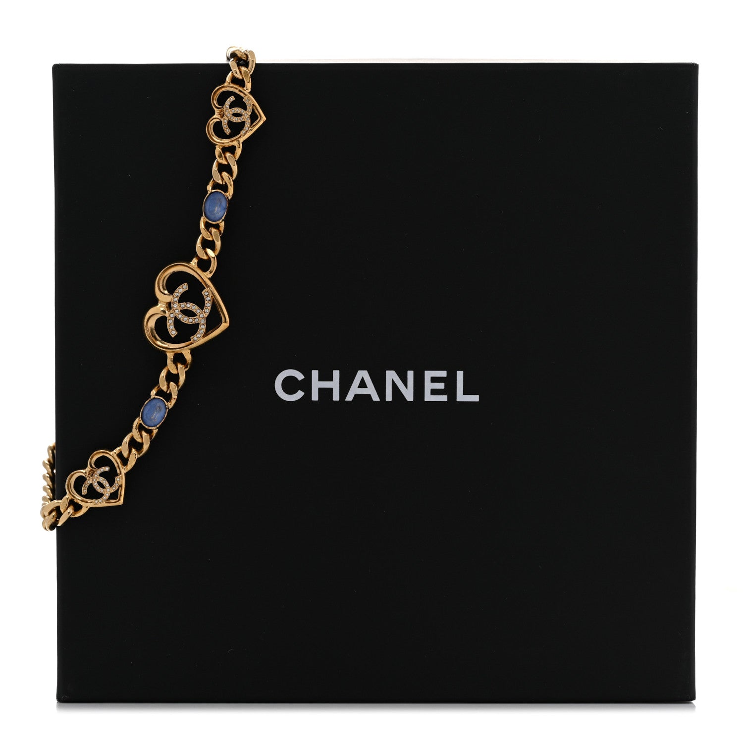 Chanel Resin Crystal Heart CC Chain Necklace Gold Blue 9 of 9