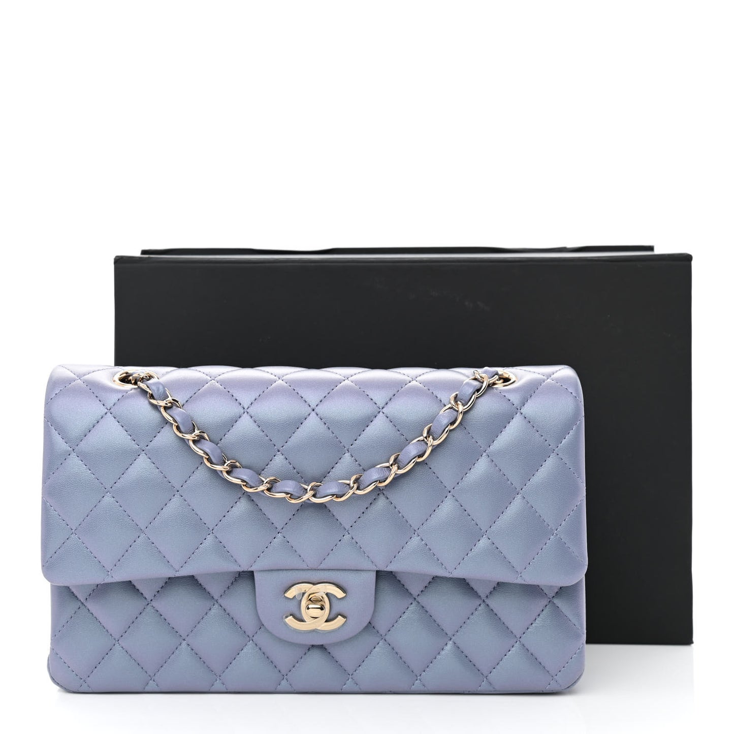 Iridescent Lambskin Quilted Medium Double Flap Light Purple