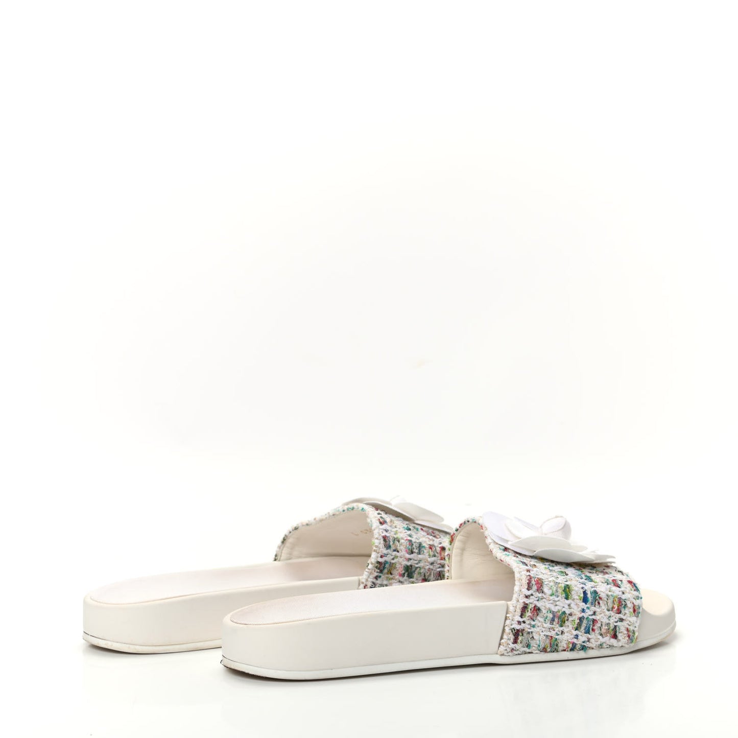 Tweed Grosgrain Camellia Flat Sandals 38 Ivory Ecru Green