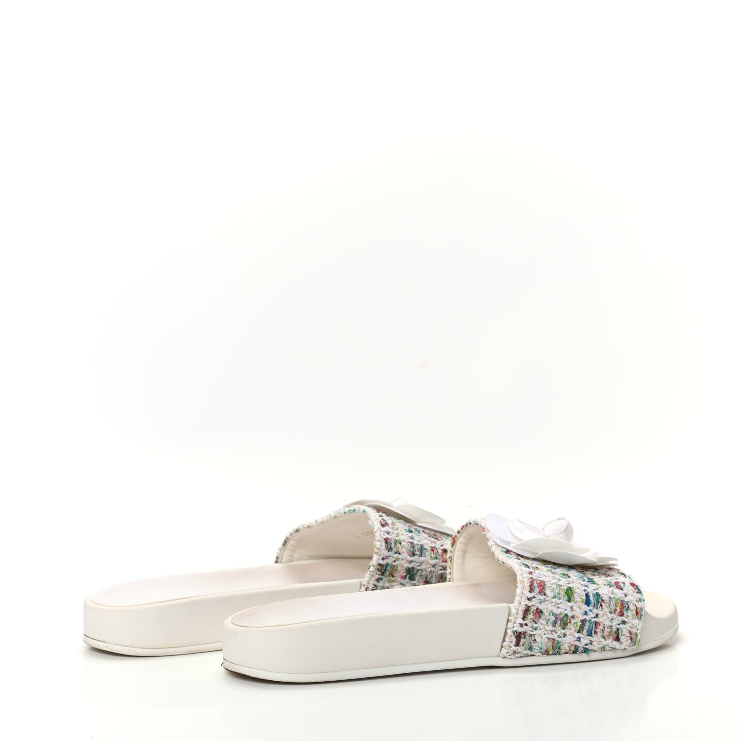 Chanel Tweed Grosgrain Camellia Flat Sandals 38 Ivory Ecru Green 4 of 7