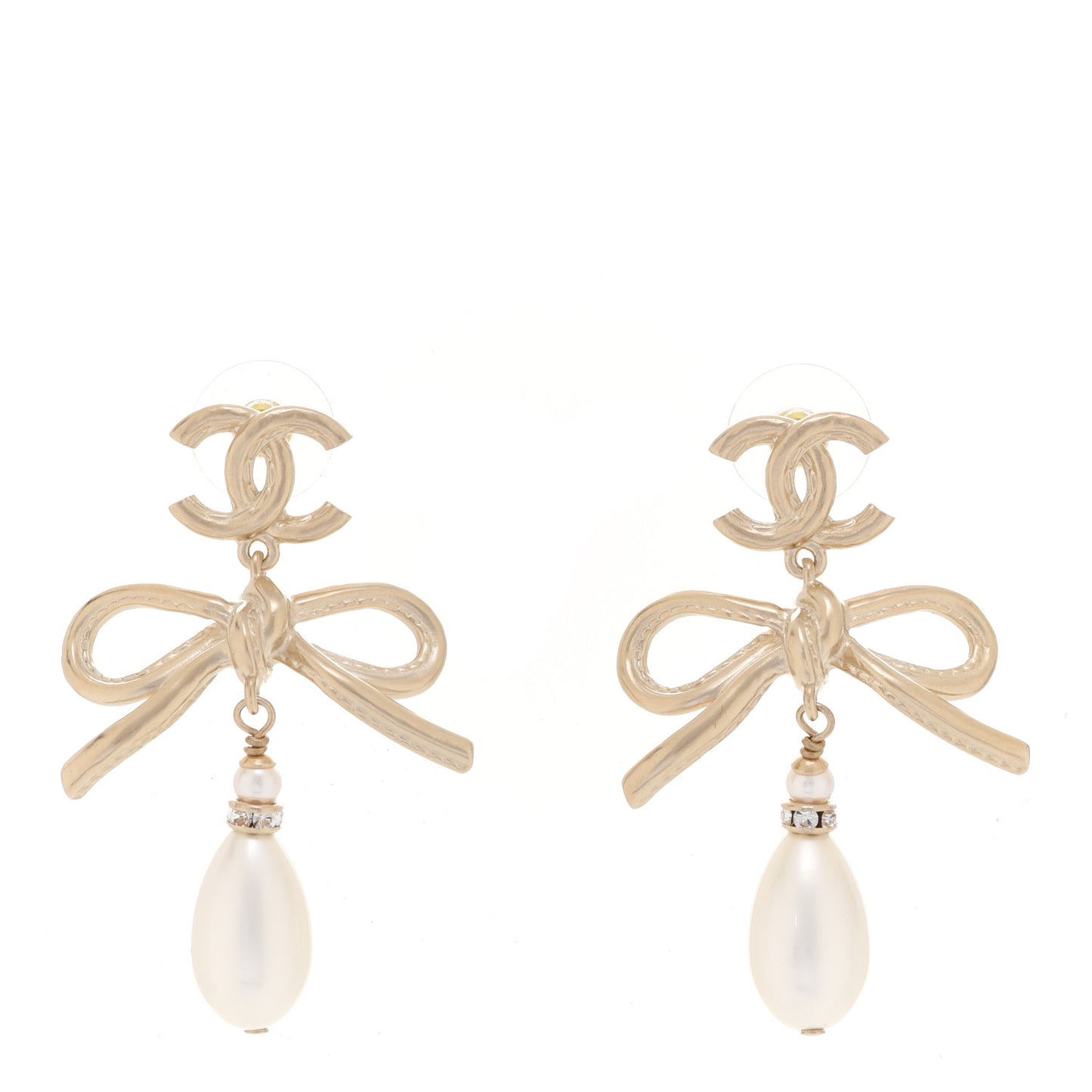 Pearl Crystal CC Bow Drop Earrings Gold Pearly White