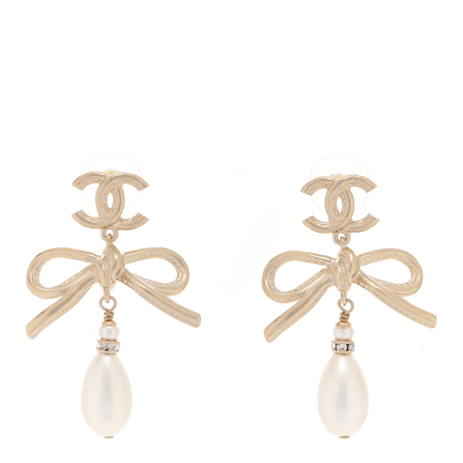 Chanel Pearl Crystal CC Bow Drop Earrings Gold Pearly White 1 of 5