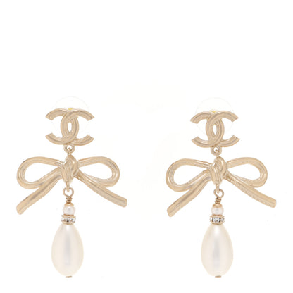 Chanel Pearl Crystal CC Bow Drop Earrings Gold Pearly White 1 of 5