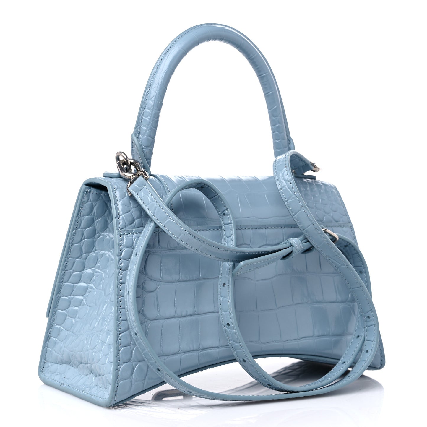 Shiny Calfskin Crocodile Embossed Small Hourglass Top Handle Bag Blue Grey