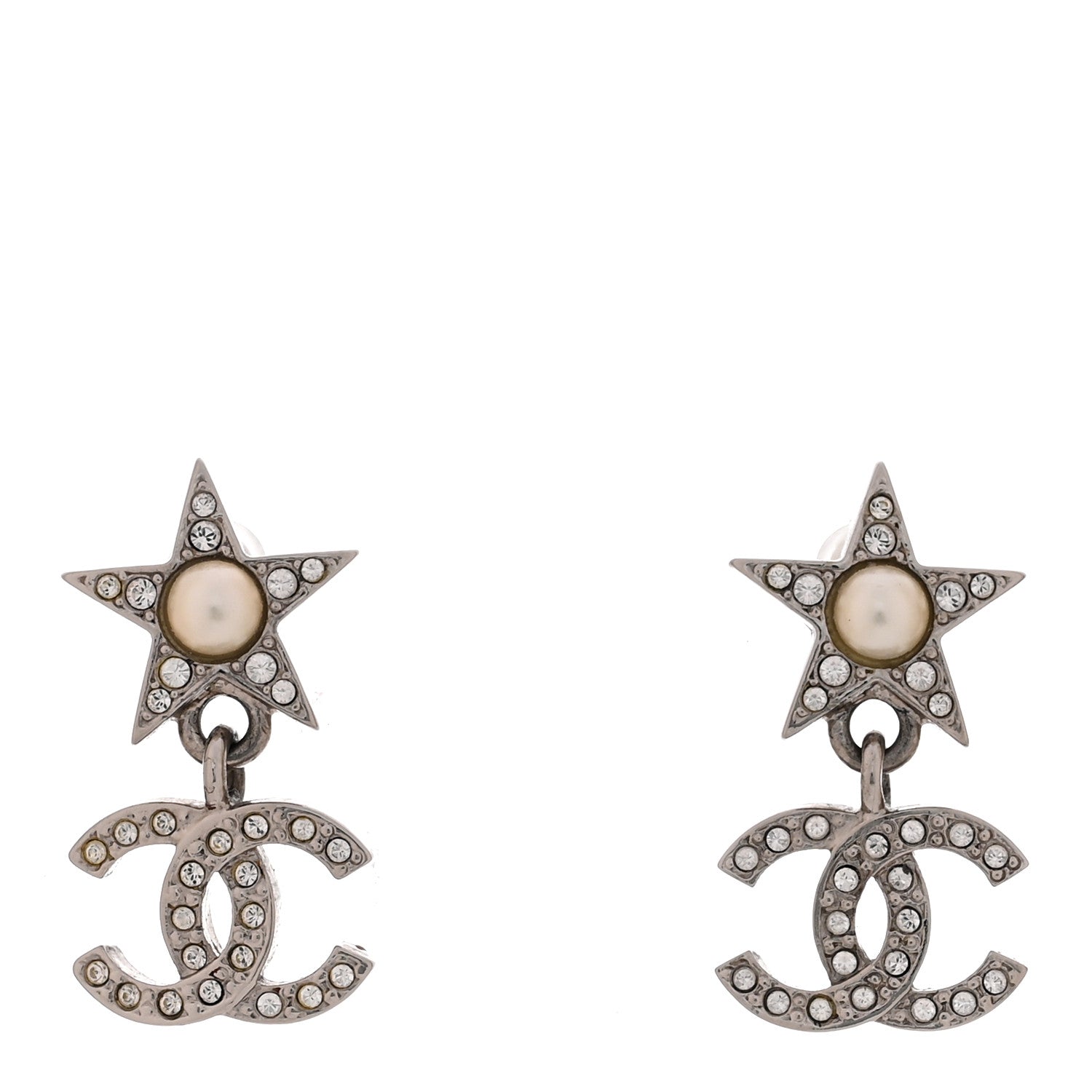 Chanel Crystal CC Pearl Star Drop Earrings Silver 1 of 5