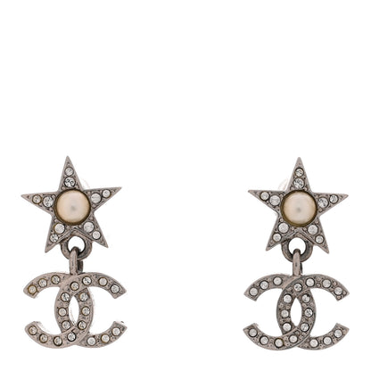 Chanel Crystal CC Pearl Star Drop Earrings Silver 1 of 5