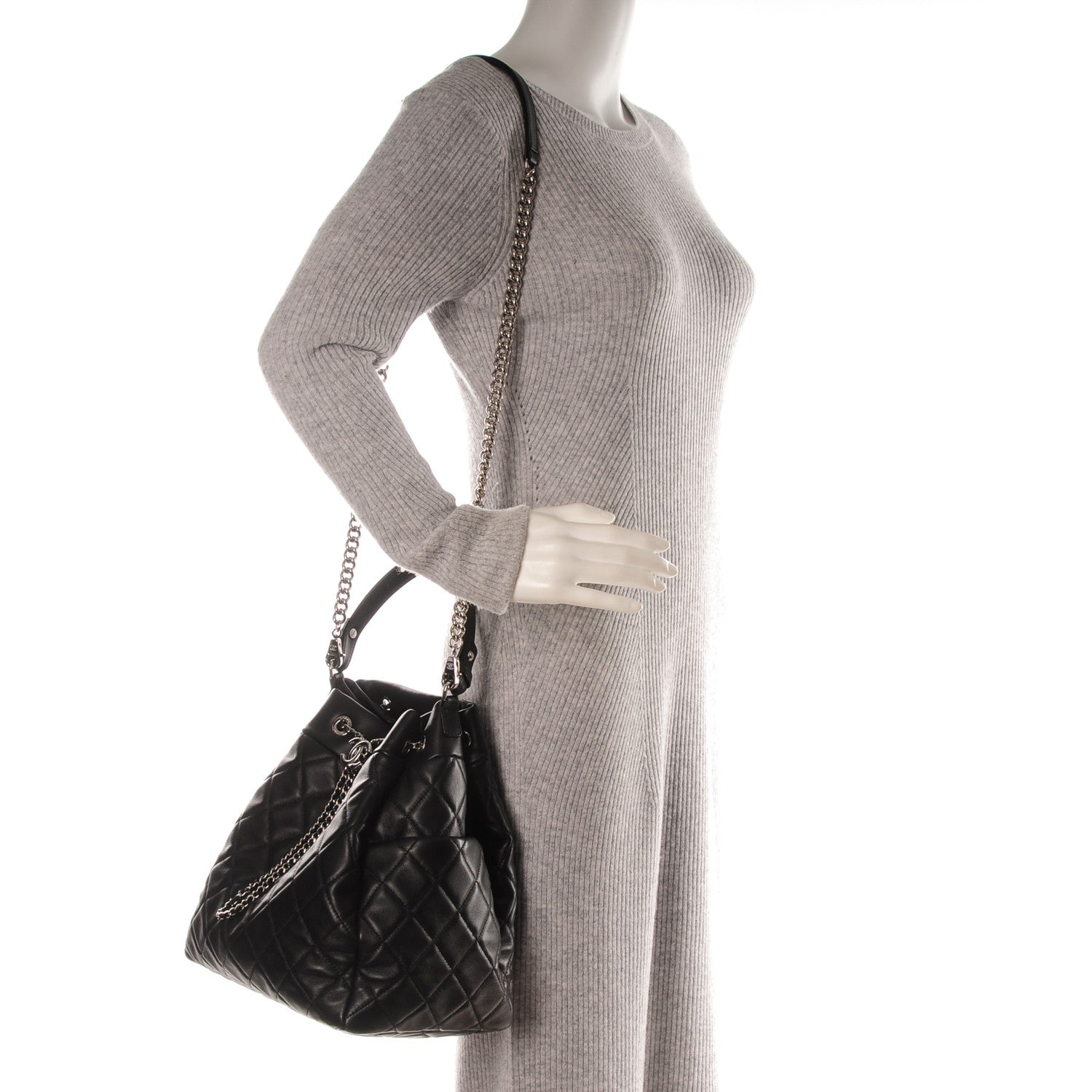 Chanel Lambskin Quilted Large Chain Bucket Bag Black 2 of 6