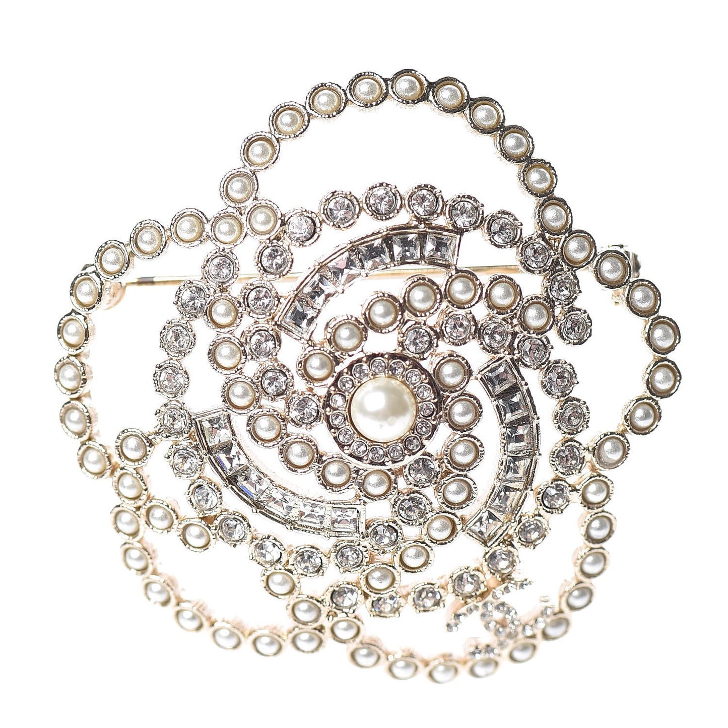 Pearl Crystal Lace Camellia Brooch Gold