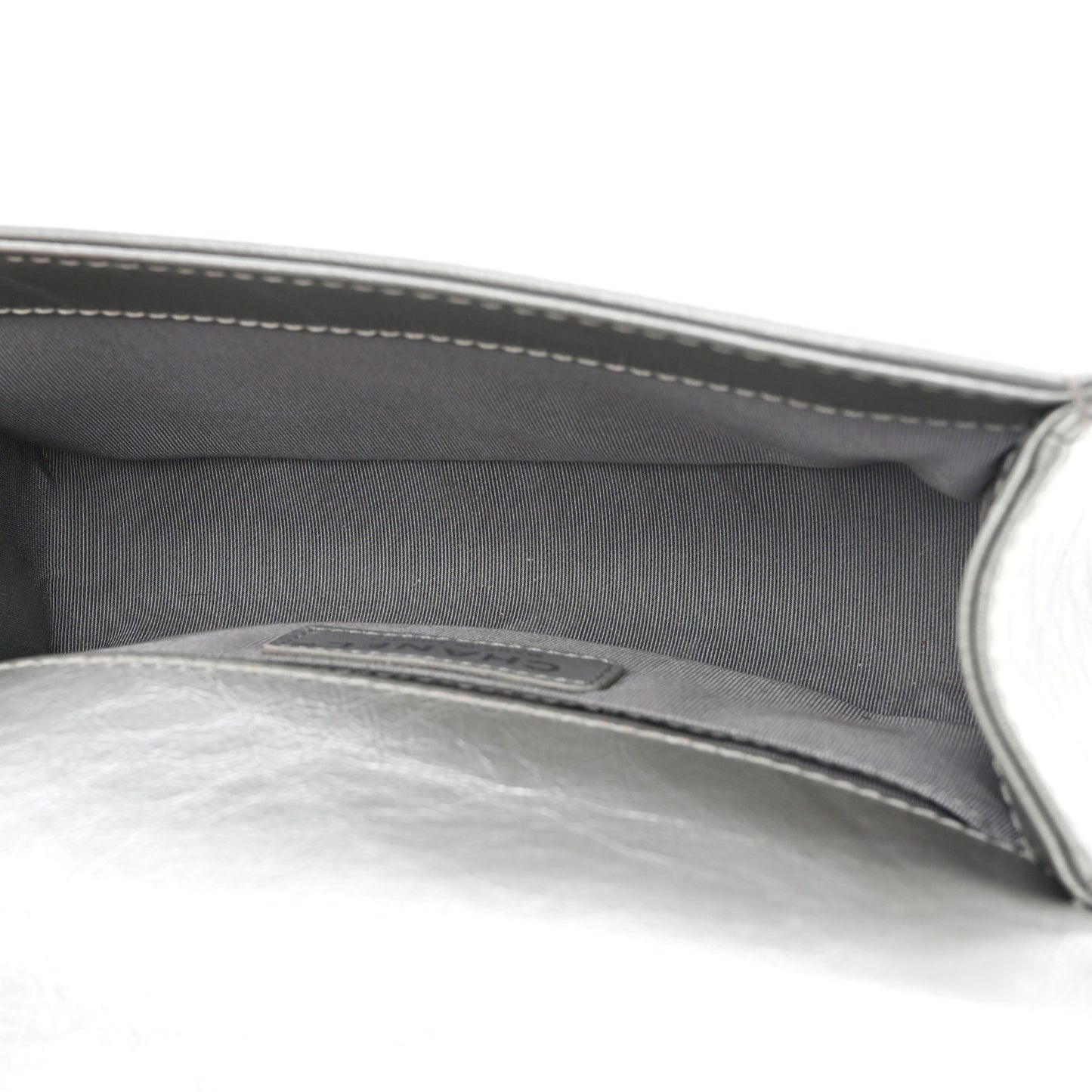 Metallic Aged Calfskin Quilted Small Top Handle Boy Flap Silver