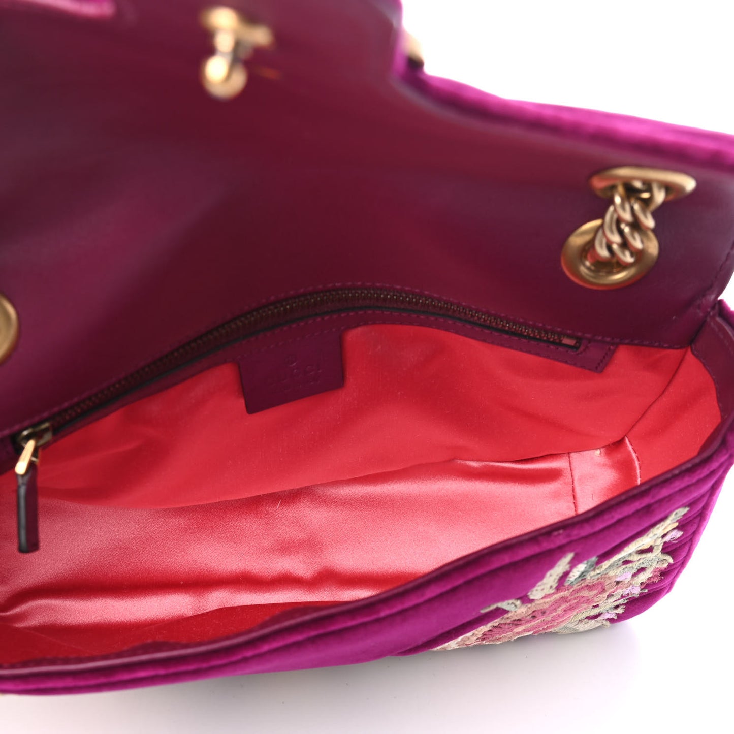 Velvet Matelasse Embroidered Small GG Marmont Shoulder Bag Fuchsia Violet Cyclamen