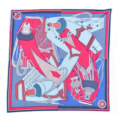 Hermes Silk Zouaves Et Dragons Pocket Square Bleu Moyen Rose Vif 1 of 4