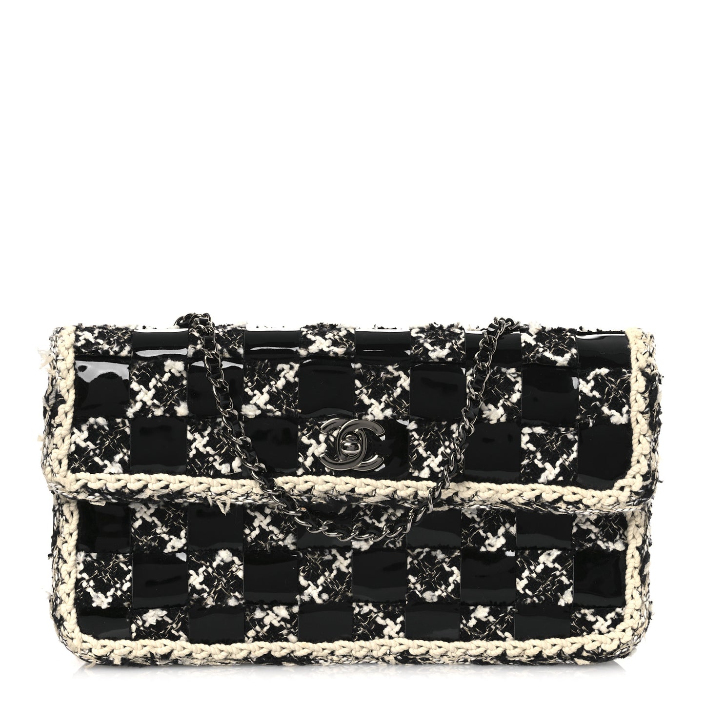 Tweed Patent Quilted Rectangular Flap Black White