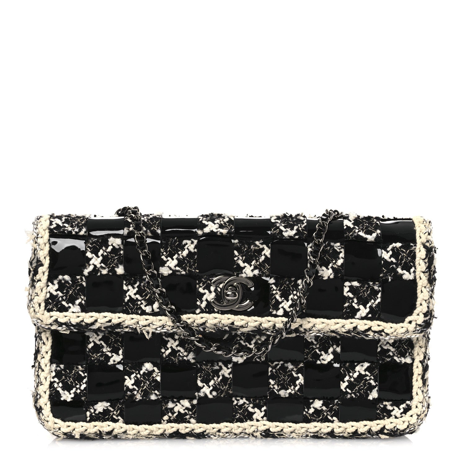 Chanel Tweed Patent Quilted Rectangular Flap Black White 1 of 10