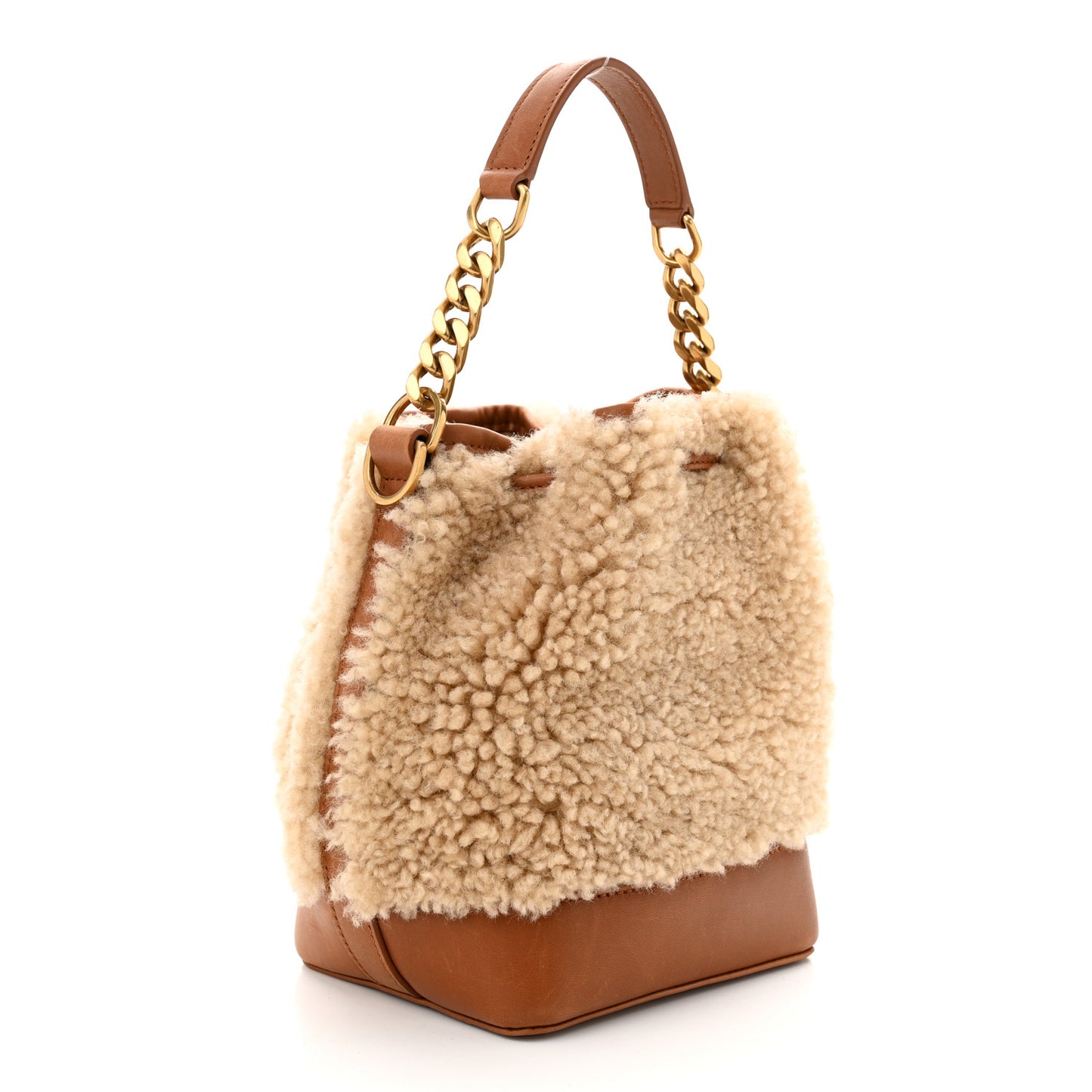 Shearling Calfskin Small Emmanuelle Bucket Bag Natural Beige Brick