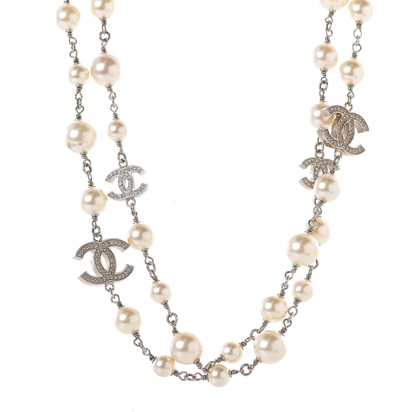 Crystal Pearl CC Long Necklace Silver