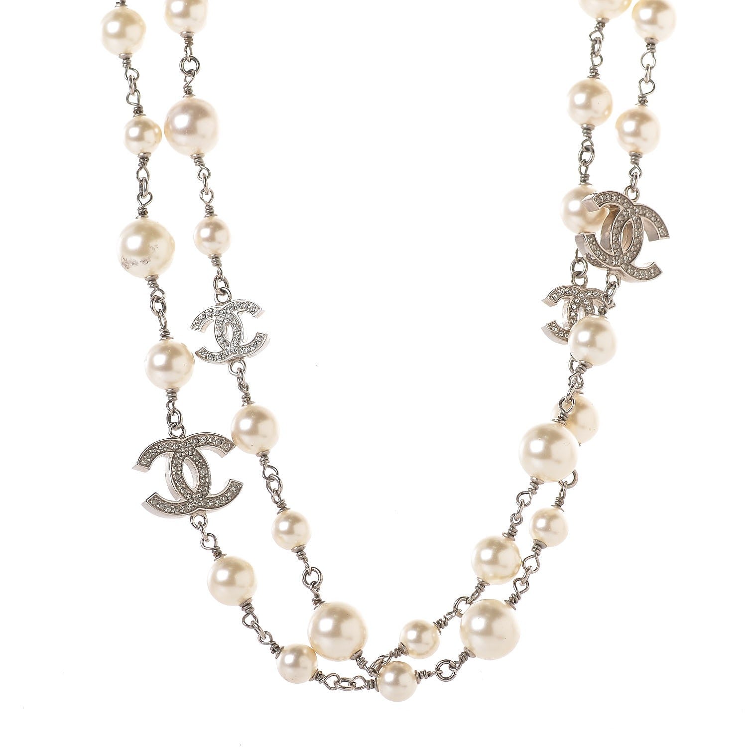 Chanel Crystal Pearl CC Long Necklace Silver 1 of 4