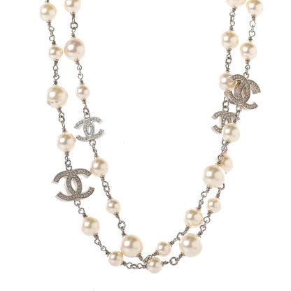 Chanel Crystal Pearl CC Long Necklace Silver 1 of 4