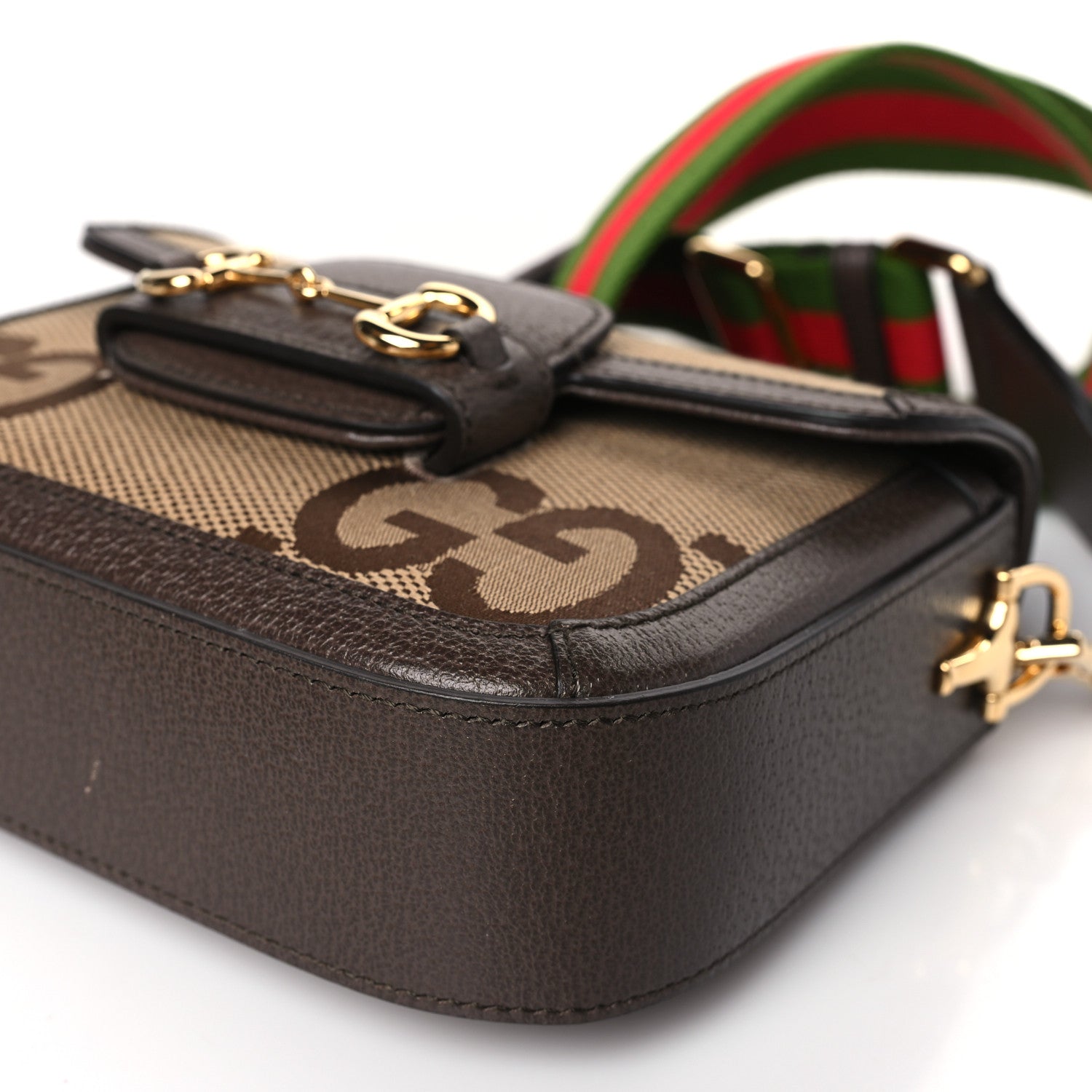 Gucci Monogram Jumbo GG Textured Dollar Calfskin Web Mini Horsebit 1955 Shoulder Bag Camel Ebony New Acero 8 of 8