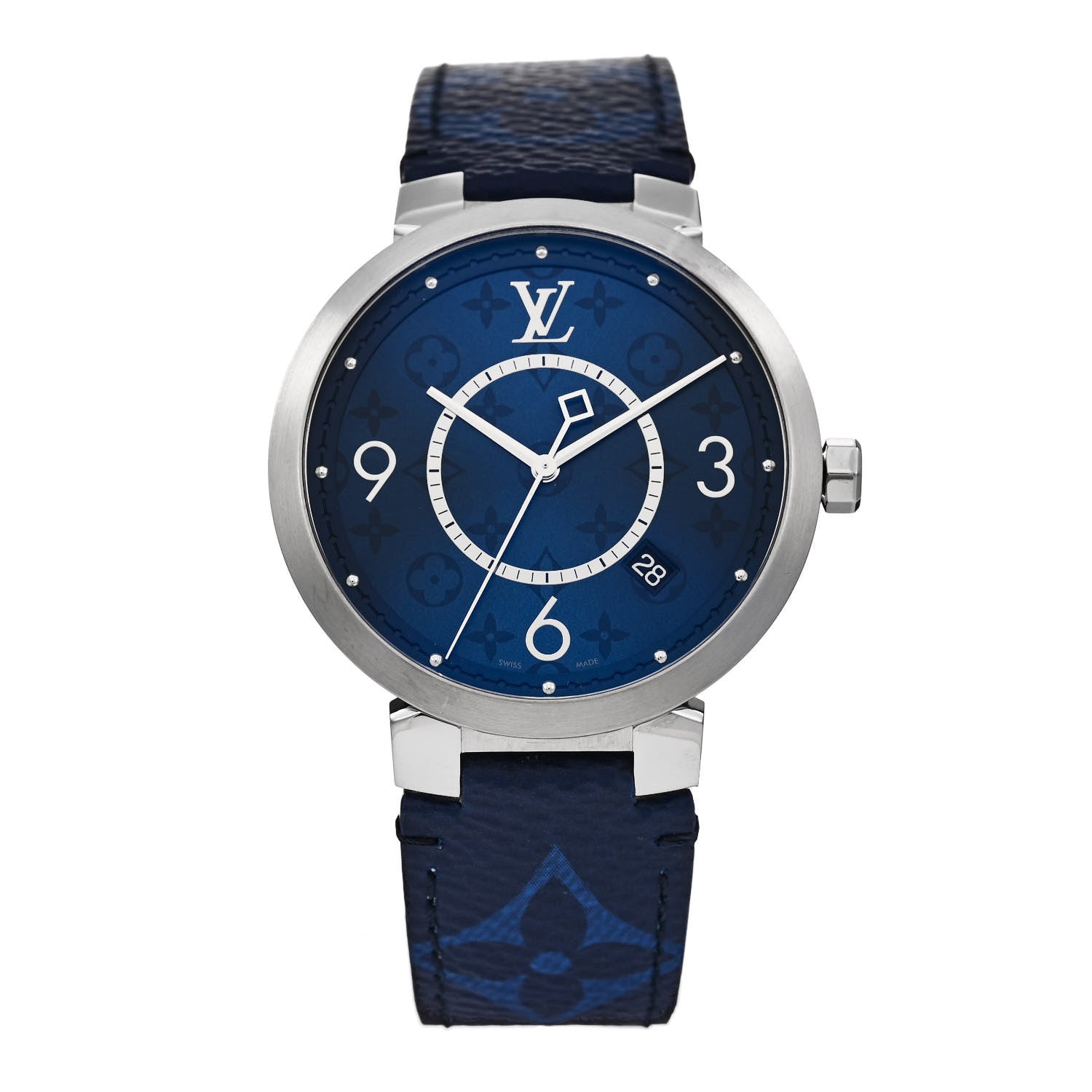 Louis Vuitton Stainless Steel Monogram 38mm Tambour Slim Quartz Watch Blue 1 of 5