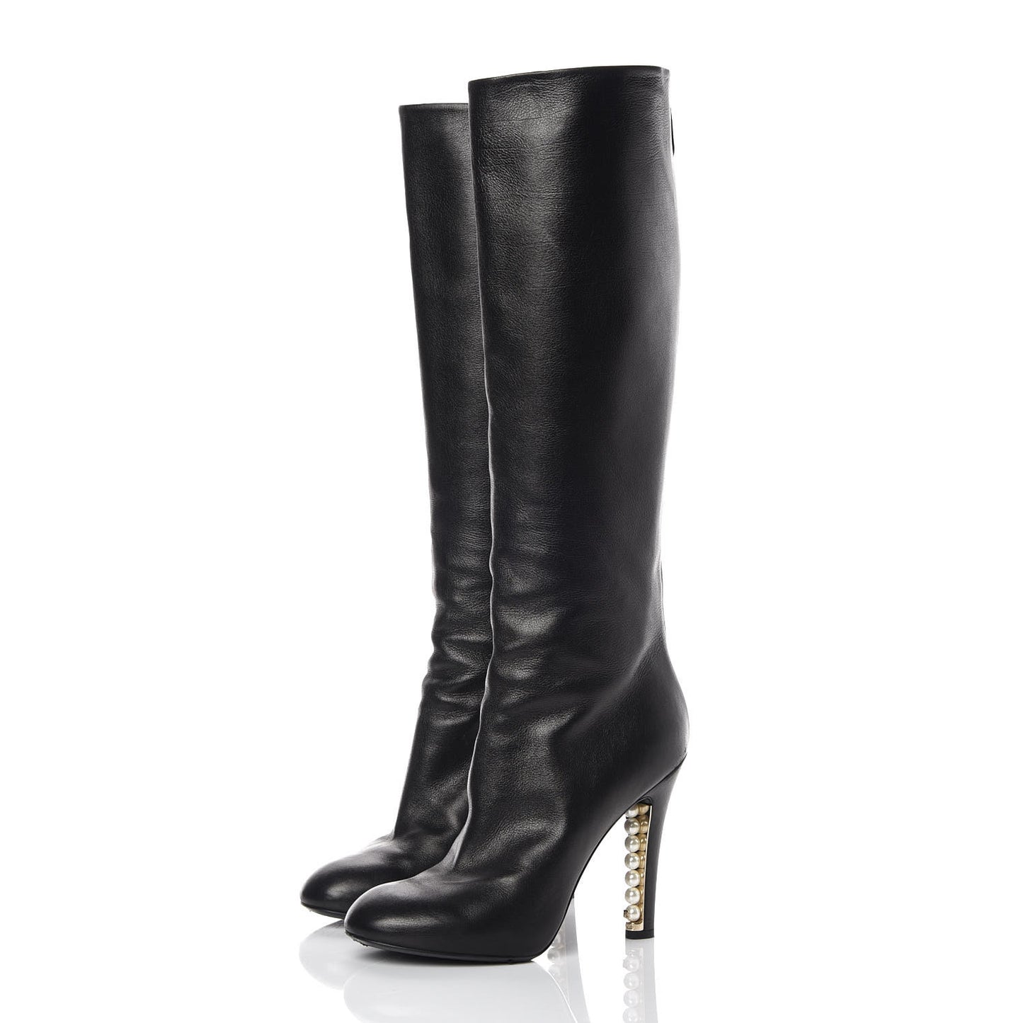 Calfskin Pearl Knee High Boots 38 Black