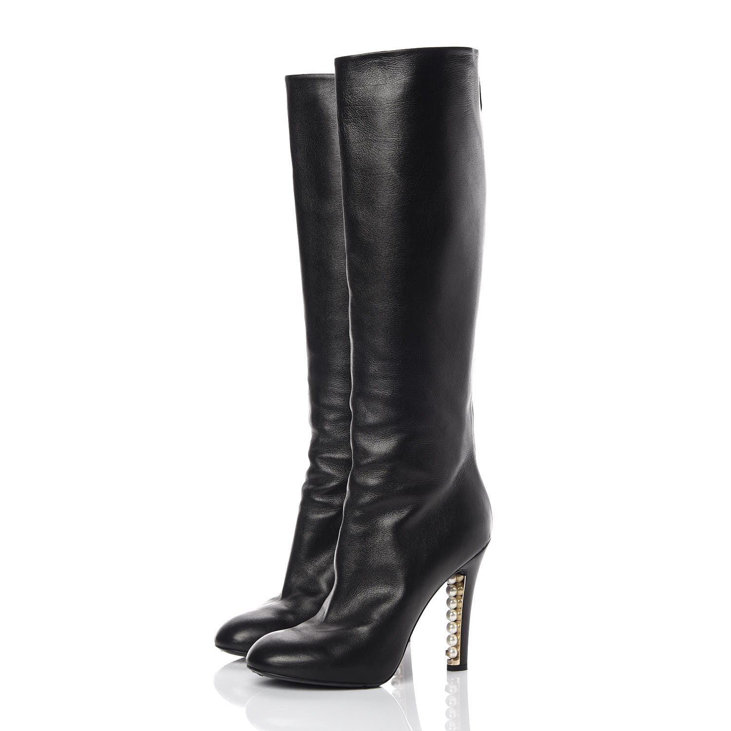 Chanel Calfskin Pearl Knee High Boots 38 Black 3 of 8