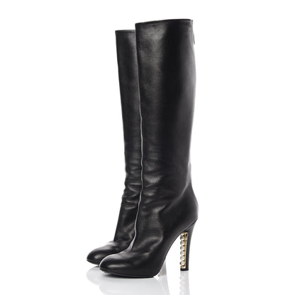 Chanel Calfskin Pearl Knee High Boots 38 Black 3 of 8